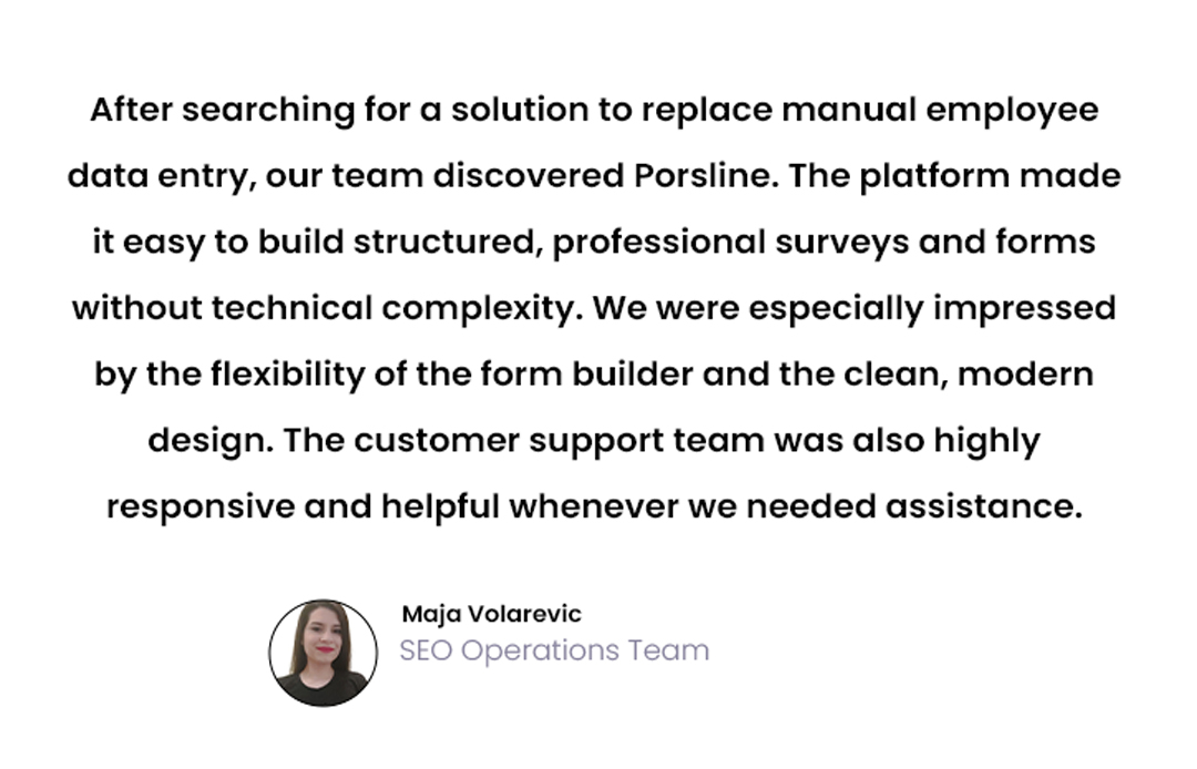 Maja Volarevic from the SEO Operations Team smiling at a professional conference event, sharing her testimonial about Porsline.